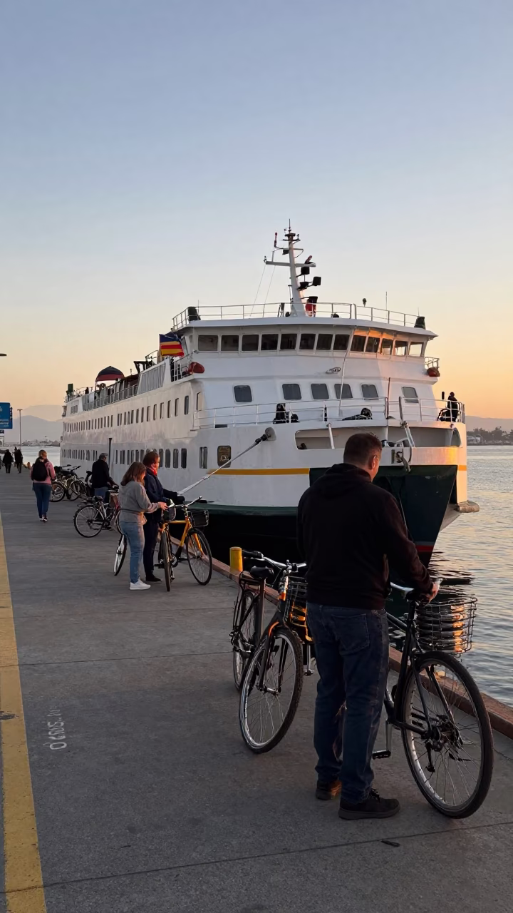 Ferry Loading Passengers and Bicycles at Nautical Dawn in San Diego Harbor California in in San Diego, California, United States