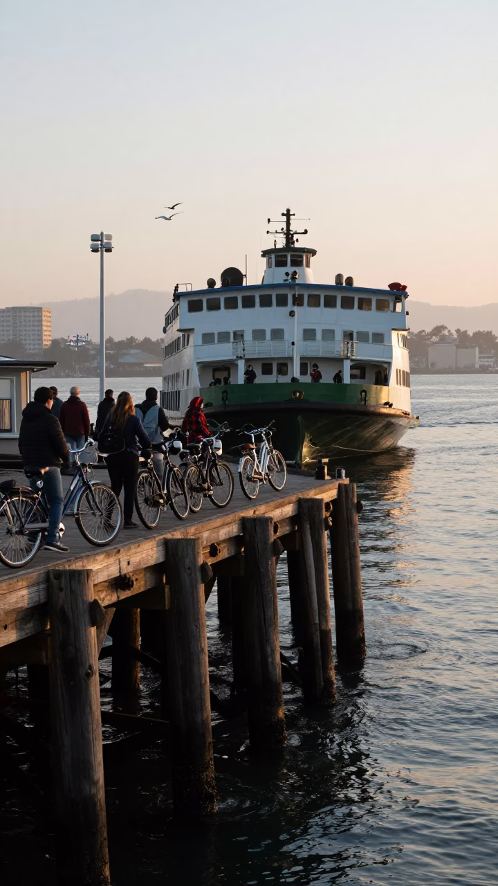 Ferry Loading Passengers and Bicycles at San Diego Dock During First Light of Dawn in in San Diego, California, United States