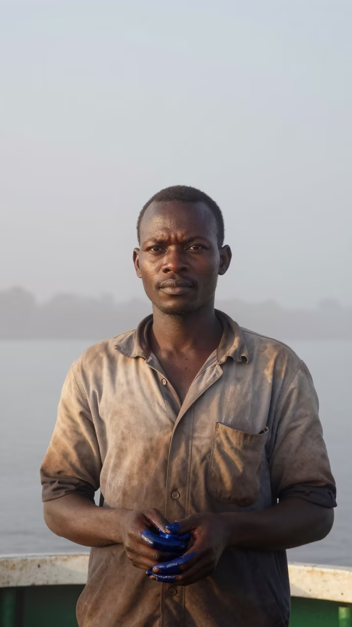 Ferry Mechanic with Lacquer Fingertips in Mist in near Bouaflé