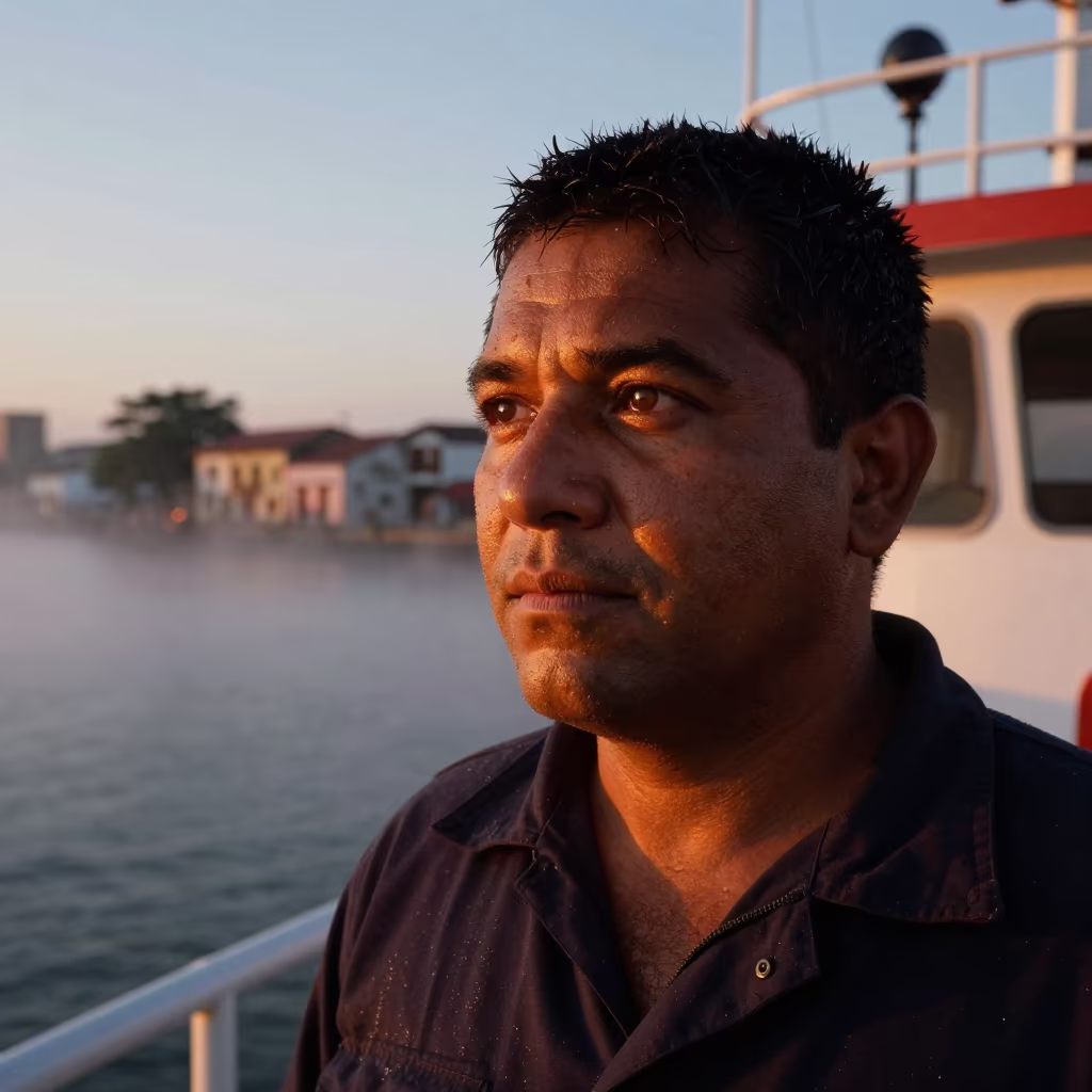 Ferry Pilot Face in Golden Sunset Fog in in the old quarter in Villahermosa