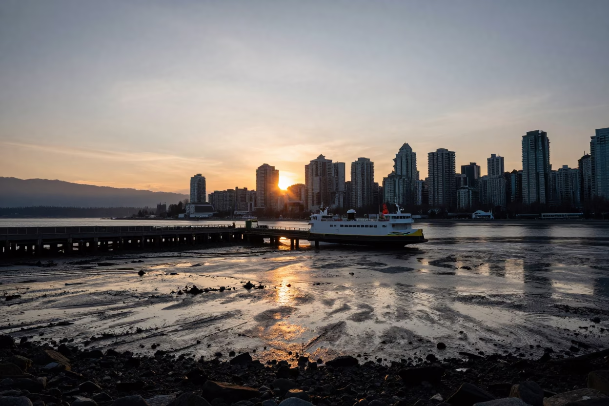 Ferry Ramp in Vancouver at As The Sun Drops Toward The Horizon in in Vancouver, British Columbia, Canada