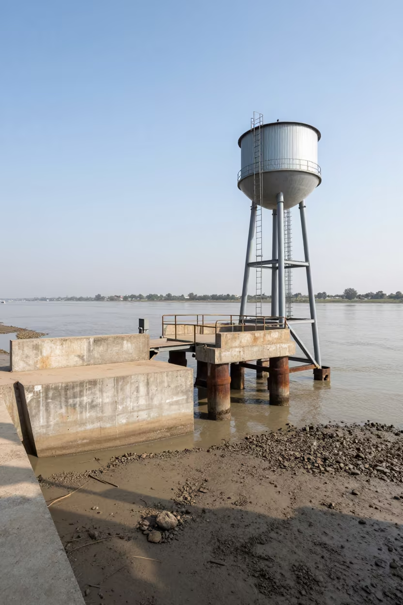 Ferry Ramp Piling System Late Summer Afternoon in beside a water tower ladder near Chandigarh