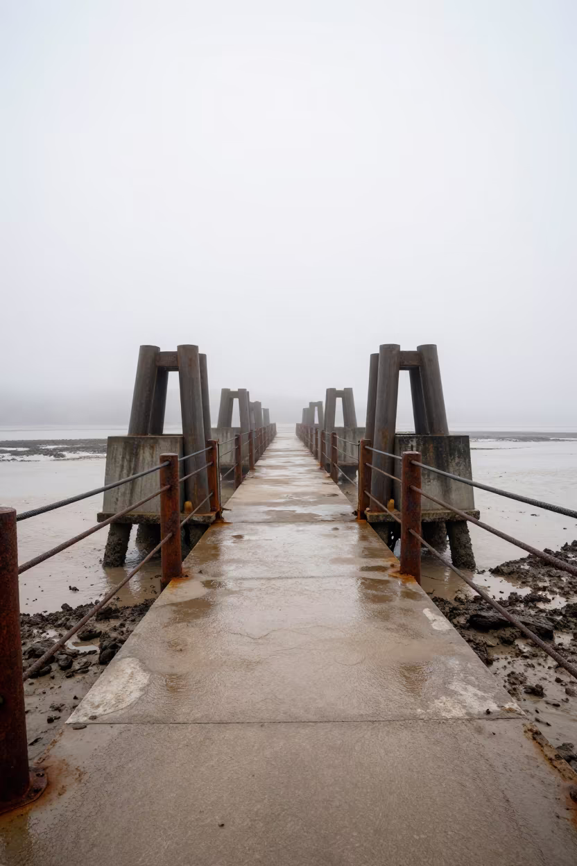 Ferry Ramp Piling System at Low Tide Near Surat in along a dam spillway near Surat