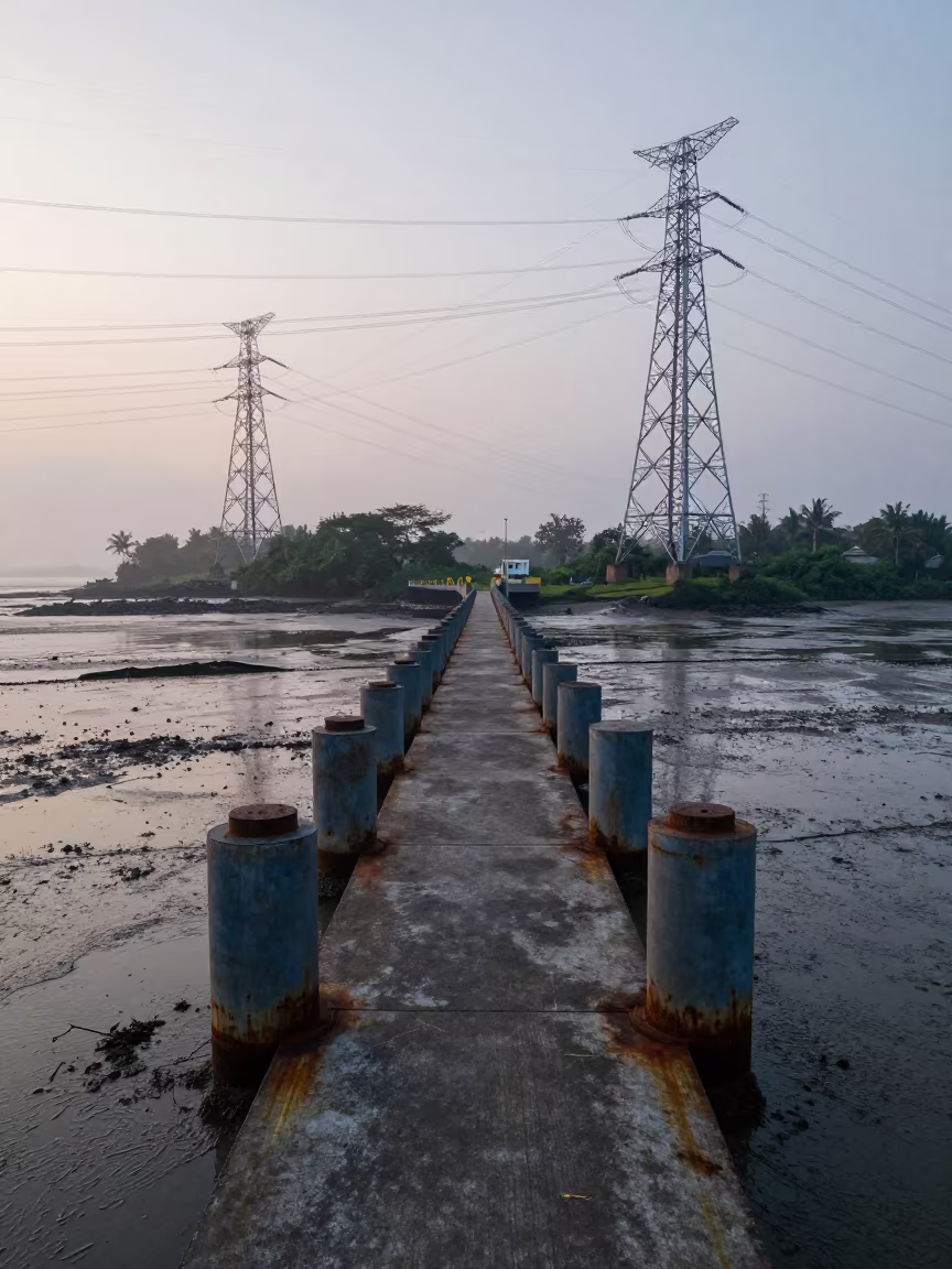 Ferry Ramp Piling System Sumatra Dawn Mist in beneath transmission towers in Sumatra