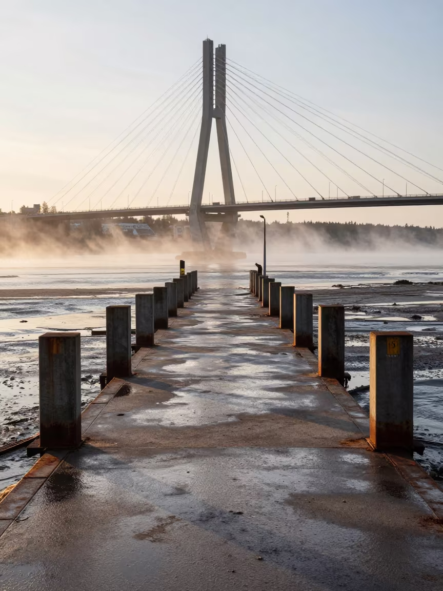 Ferry Ramp Piling System Under Bridge at Sunset in under a cable-stayed bridge span in Finland