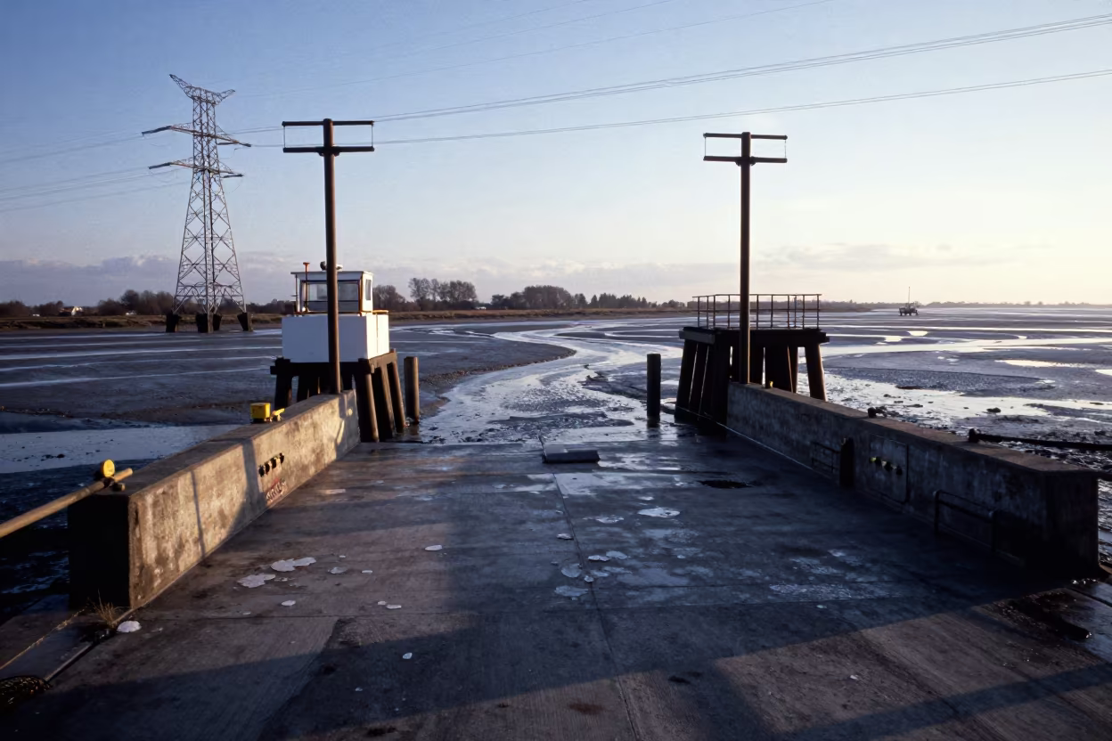 Ferry Ramp Piling System Under Winter Dawn Light in beneath transmission towers in Netherlands
