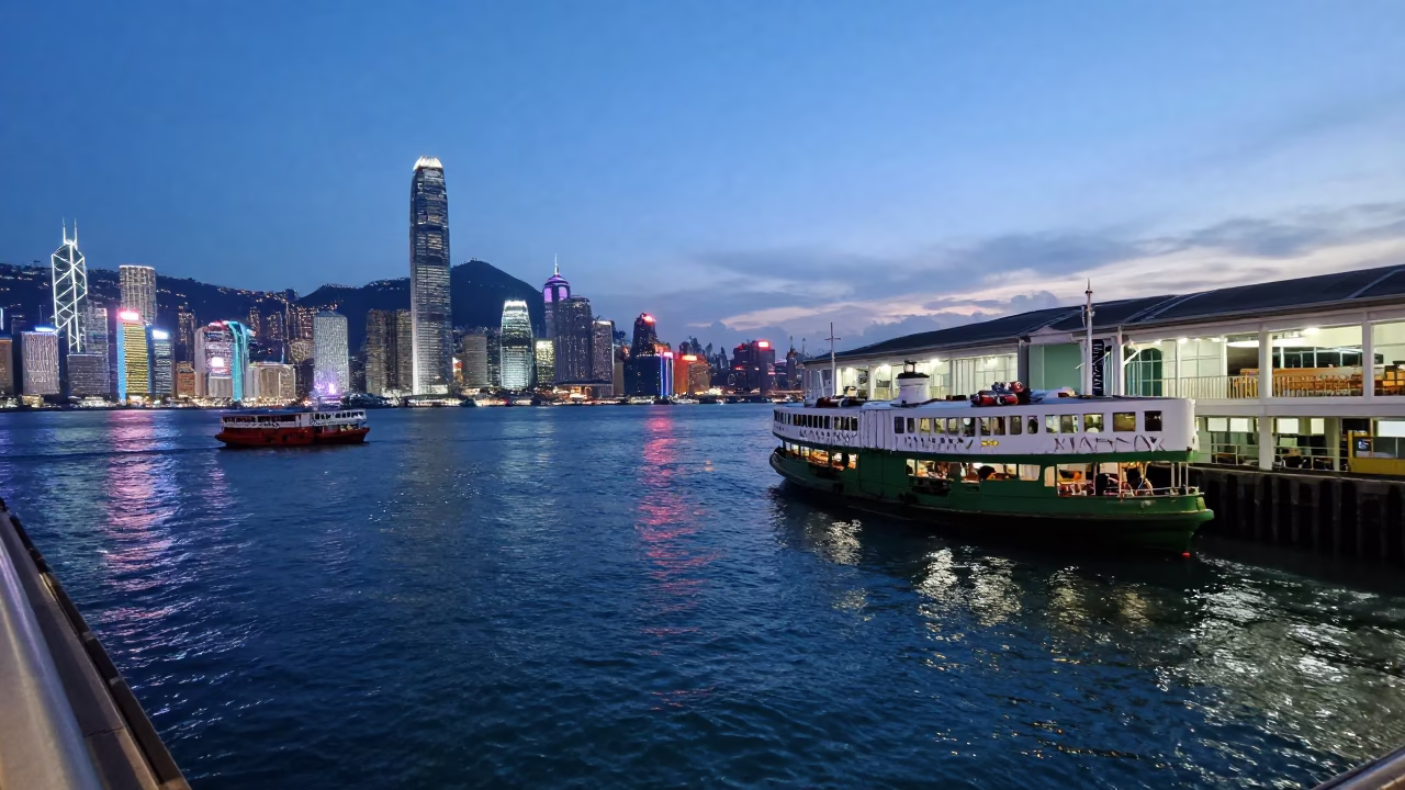 Ferry Terminal in Hong Kong at The Last Blue Light Of Evening in in Hong Kong, Hong Kong
