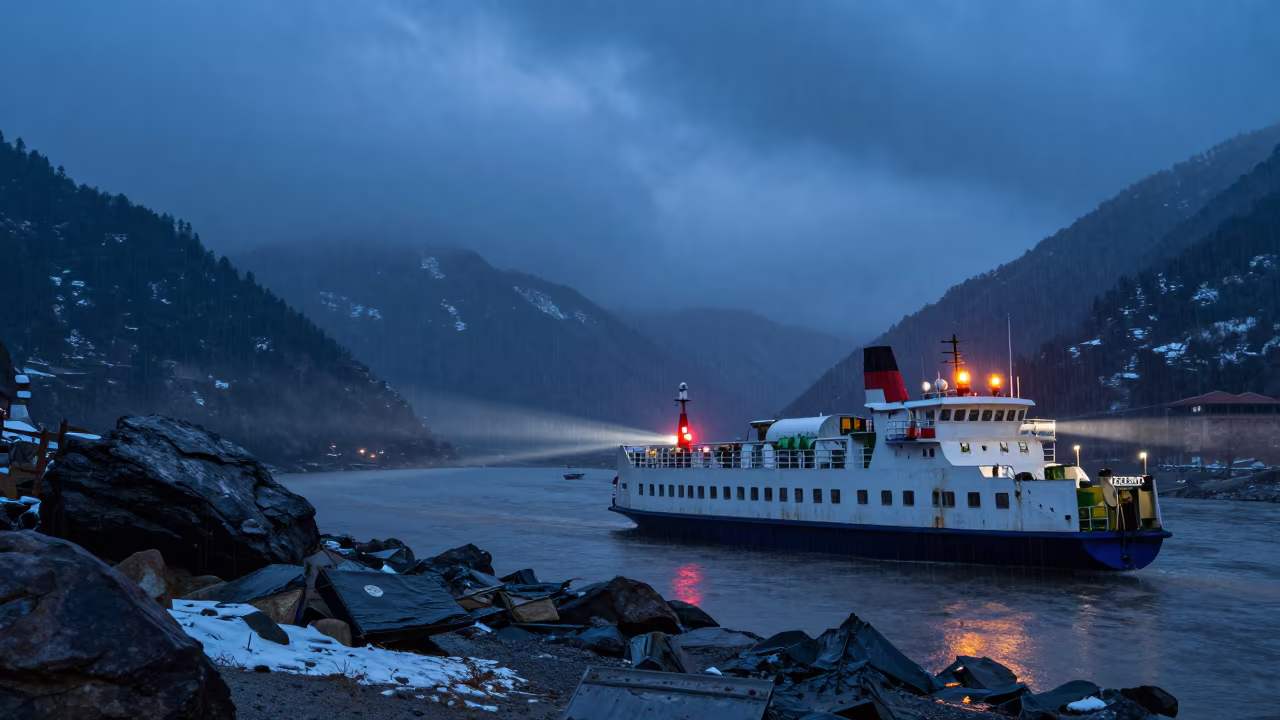 Ferry on Winter Mountain Pass at Night in at a rocky saddle overlooking a mountain valley near Kathmandu