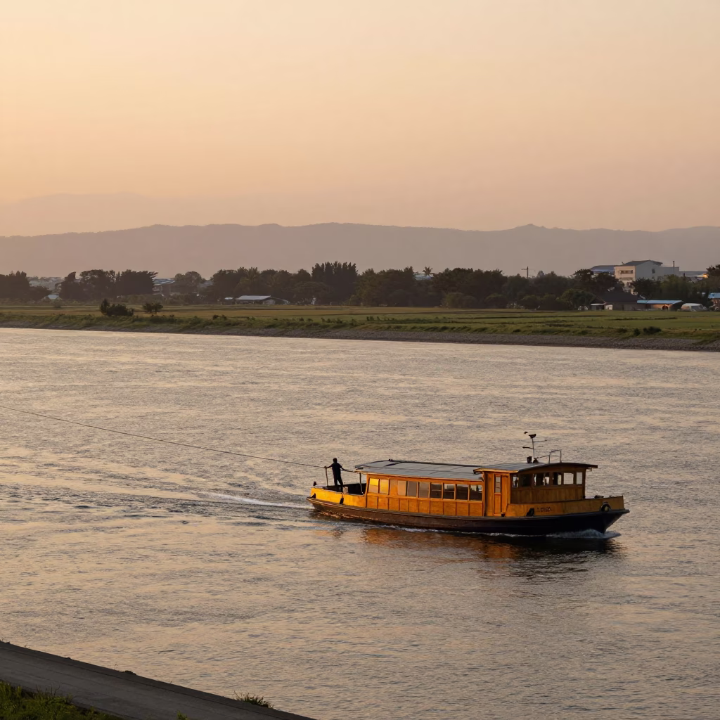 Ferryman Pulls Cable Ferry Across Kansai River at Sunset in on a wind-open causeway in Kansai
