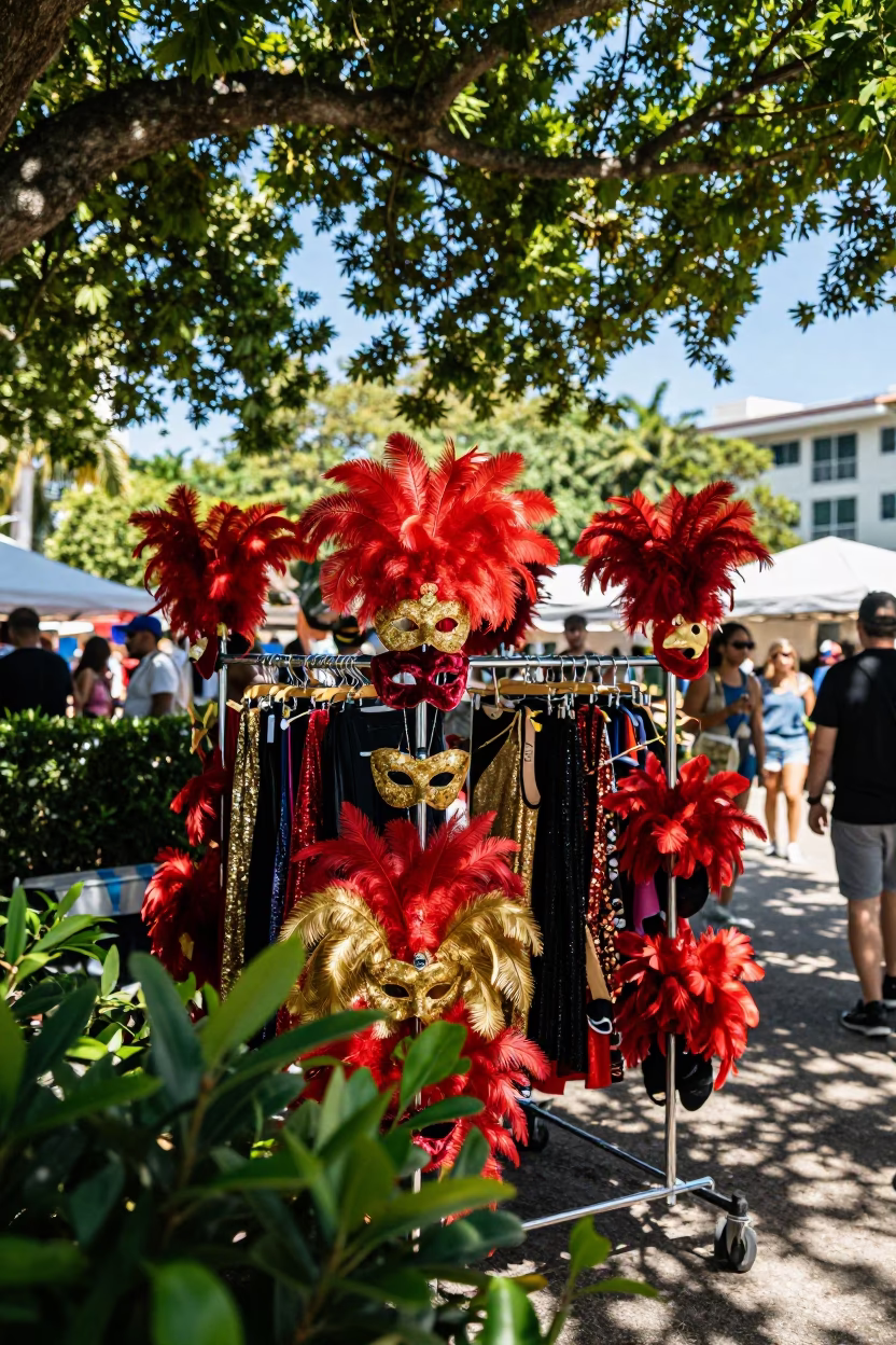 Festival Costumes on Rack Under Miami Leaves in at a public square during a festival near Brickell, Miami