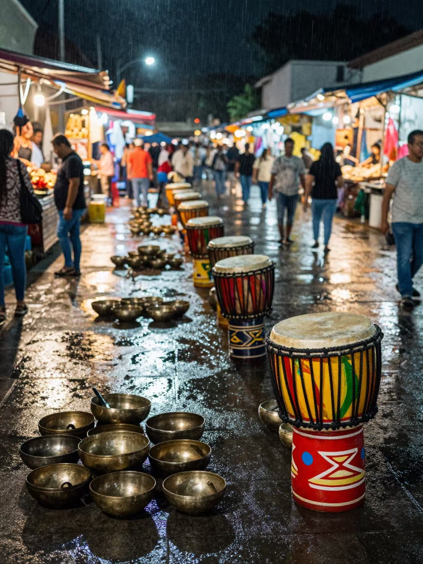 Festival Drum Bronze Bowls Tonalá Market in at a night market in Tonalá