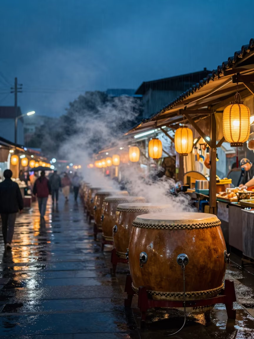 Festival Drum in Night Market Amber Light in at a night market near Santos