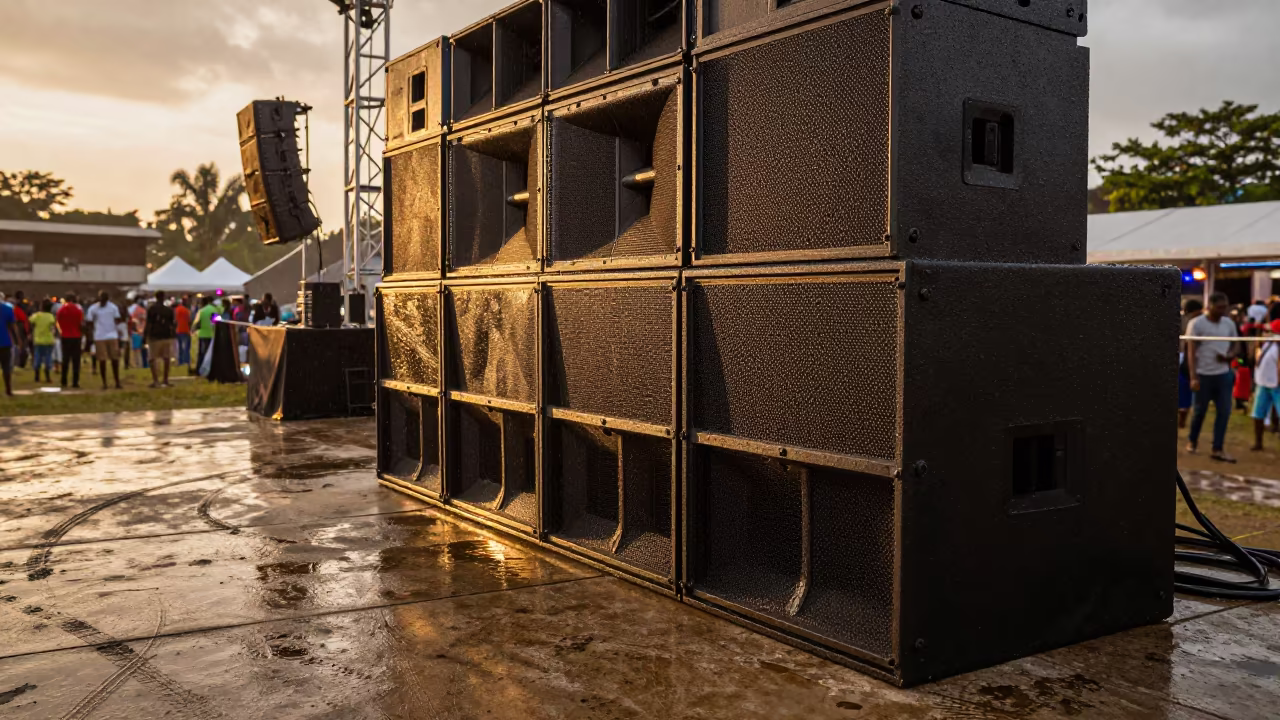 Festival Stage Speaker Stack in Pointe-Noire Rain in on a festival main stage in Pointe-Noire