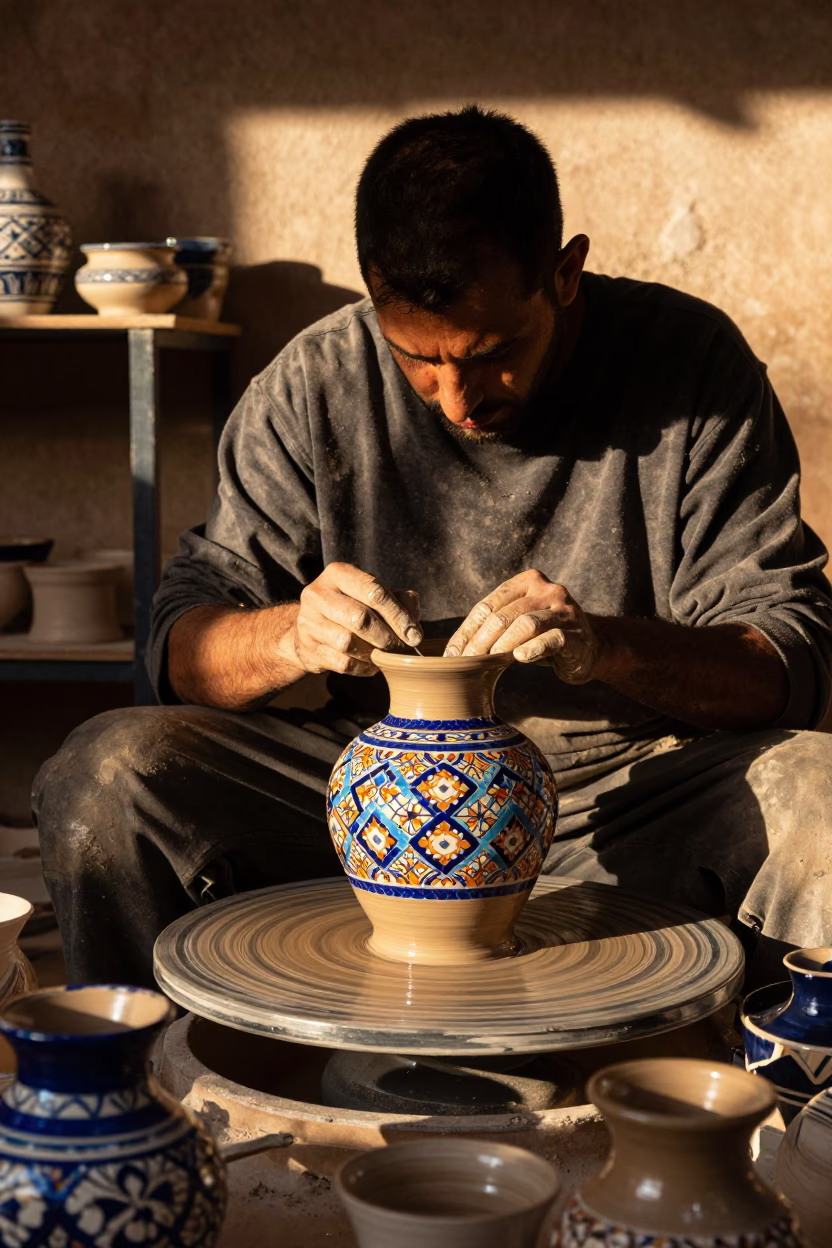 Fez Ceramic Workshop at The Early Afternoon Light in in Fez, Morocco