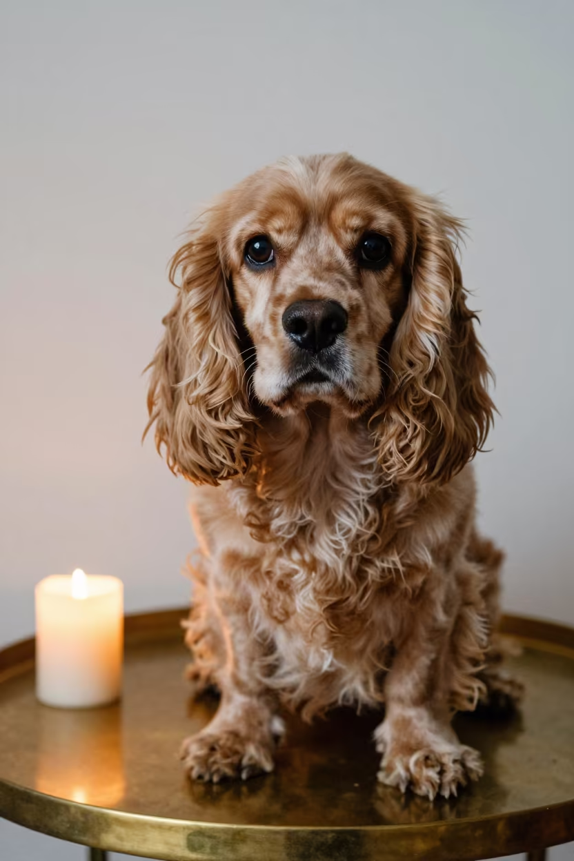 Fez Cocker Spaniel Portrait Golden Hour in in a quiet portrait studio with a plain backdrop and eye-level framing in Fez