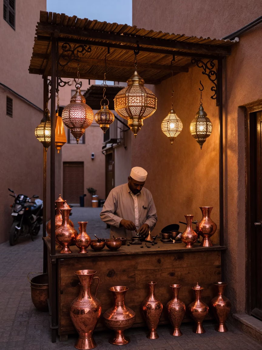 Fez Copper Workshop at Copper-toned Light Before Dusk in in Fez, Morocco
