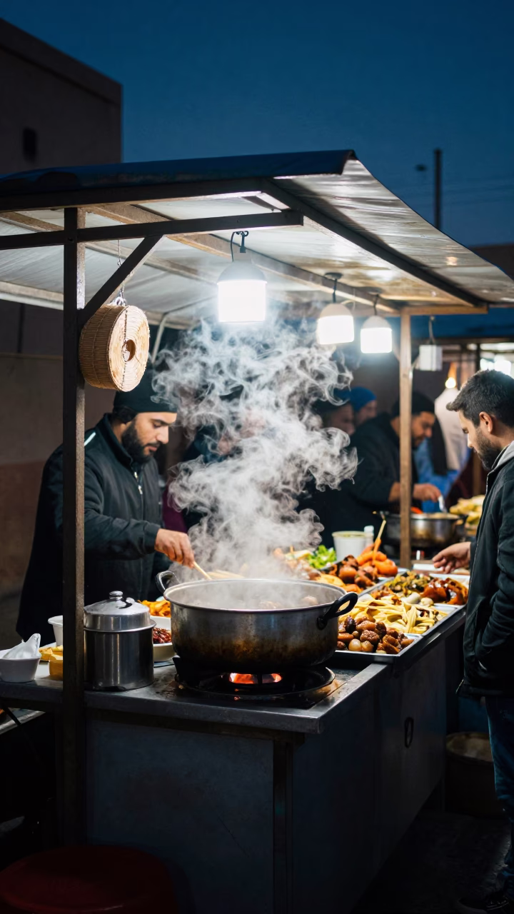 Fez Food Stall at Midnight Light in in Fez, Morocco