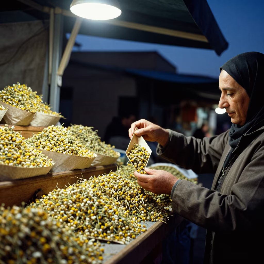 Fez Herbalist Measuring Chamomile at Night in under a market canopy in Fez
