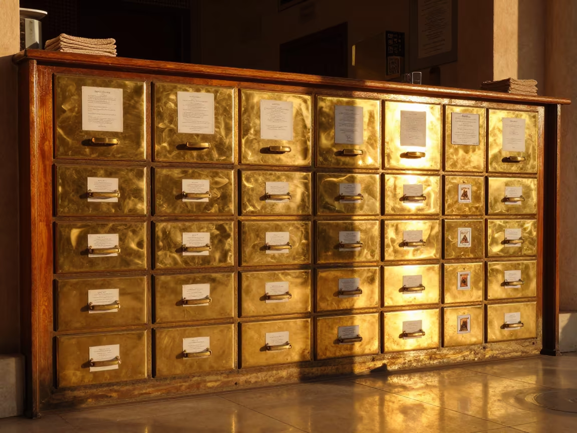 Fez Hotel Maintenance Notice Drawer in Amber Light in inside a hotel lobby in Fez