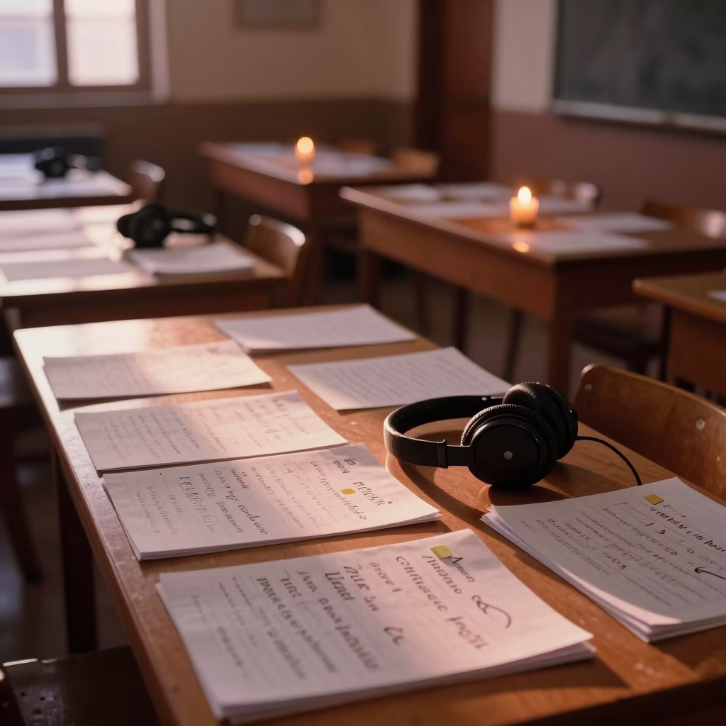 Fez Language Class Copper Light Vocabulary Cards in at a seminar table covered in notes in Fez