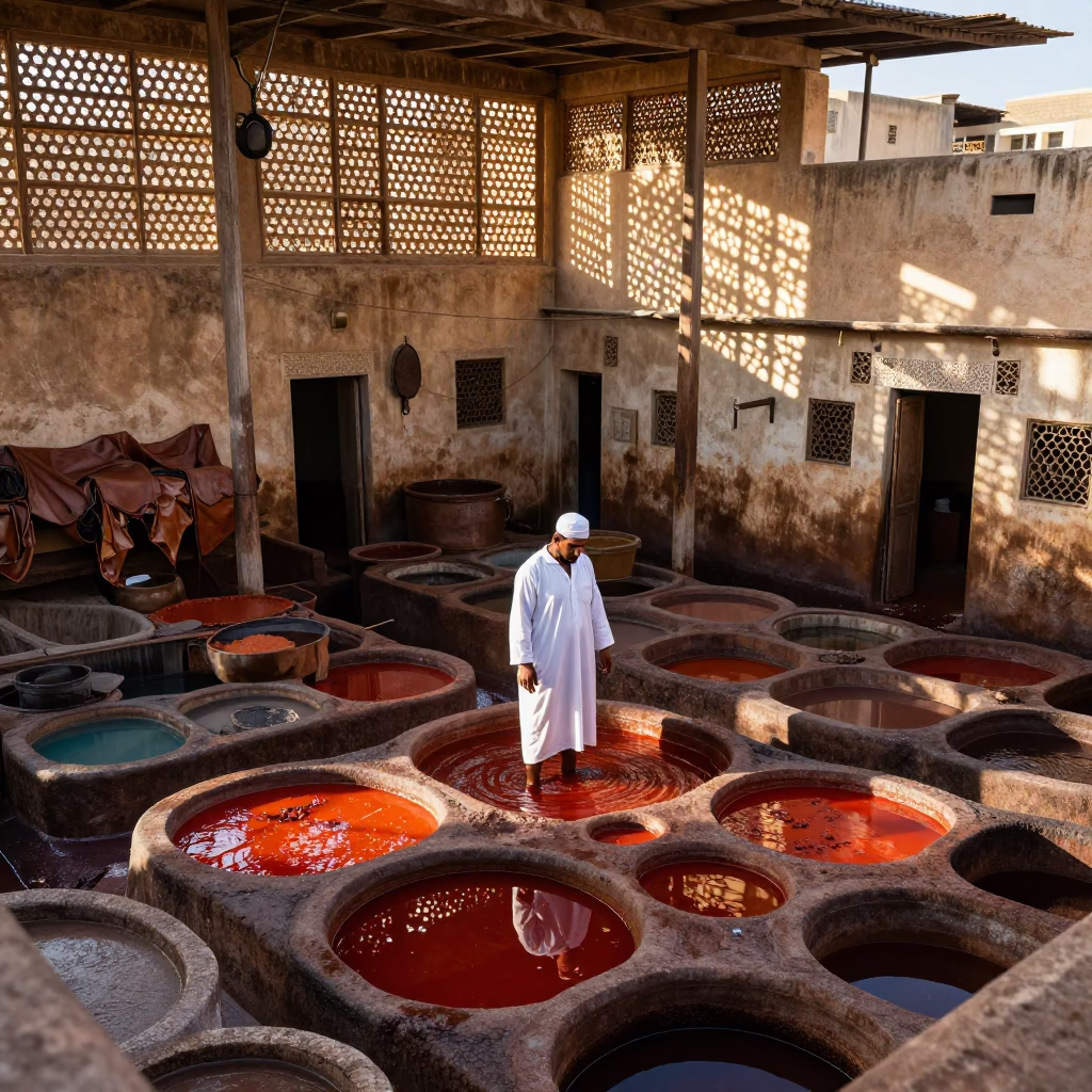 Fez Leather Tannery at The Early Afternoon Light in in Fez, Morocco