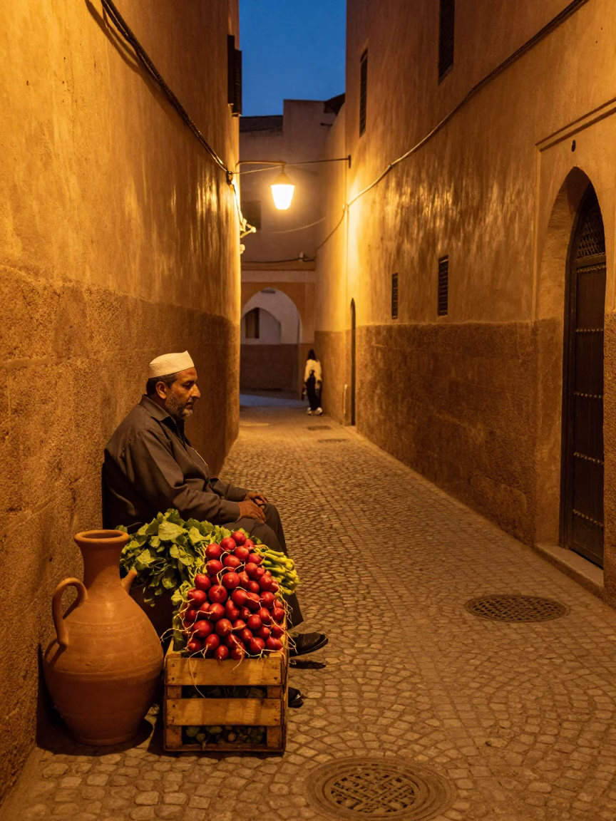 Fez Medina Alley at Deep In The Night Light in in Fez, Morocco