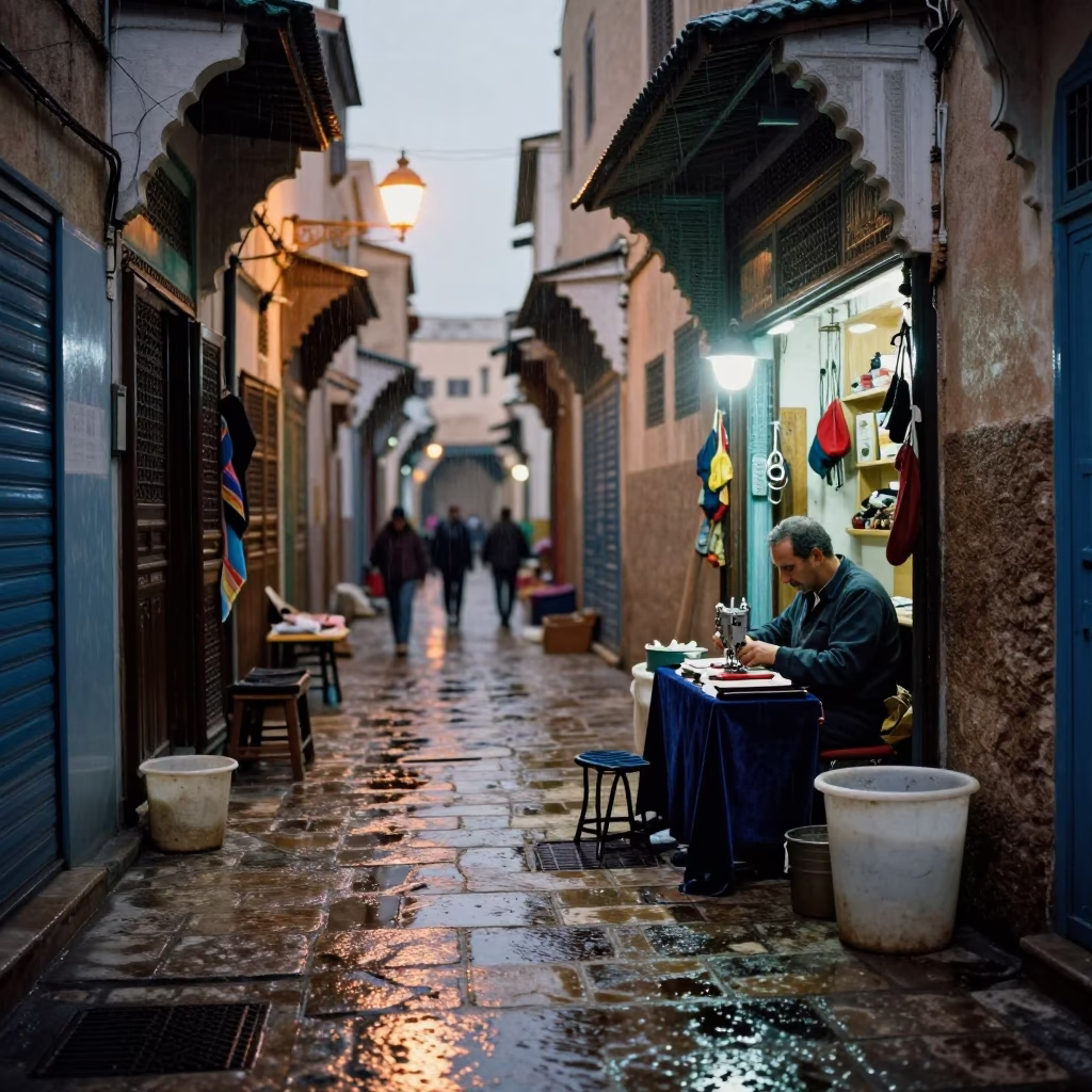 Fez Medina Dusk Light Rain Shopkeeper Sewing Scissors Repair Work in in Fez, Morocco
