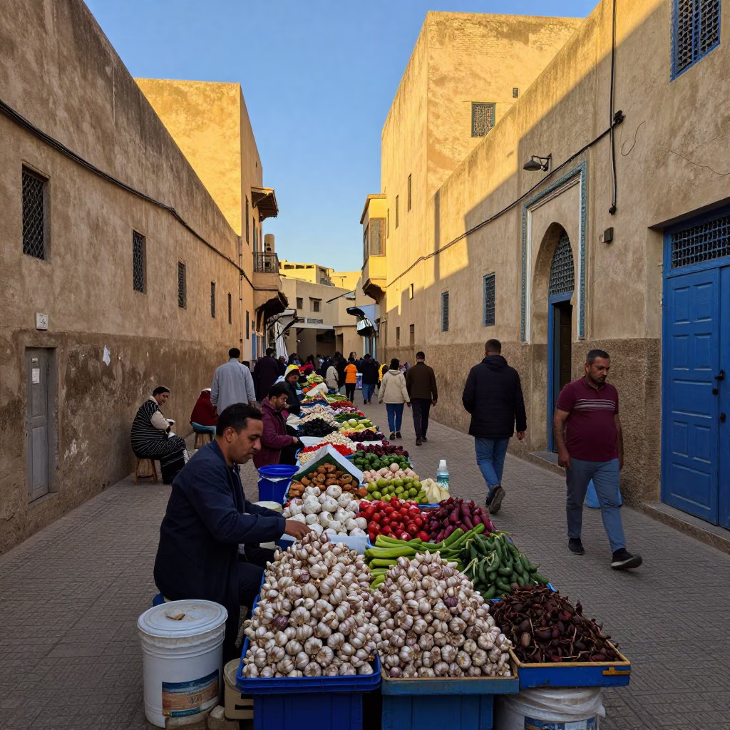 Fez Medina Morning Light and Street Vendor Produce Display in in Fez, Morocco