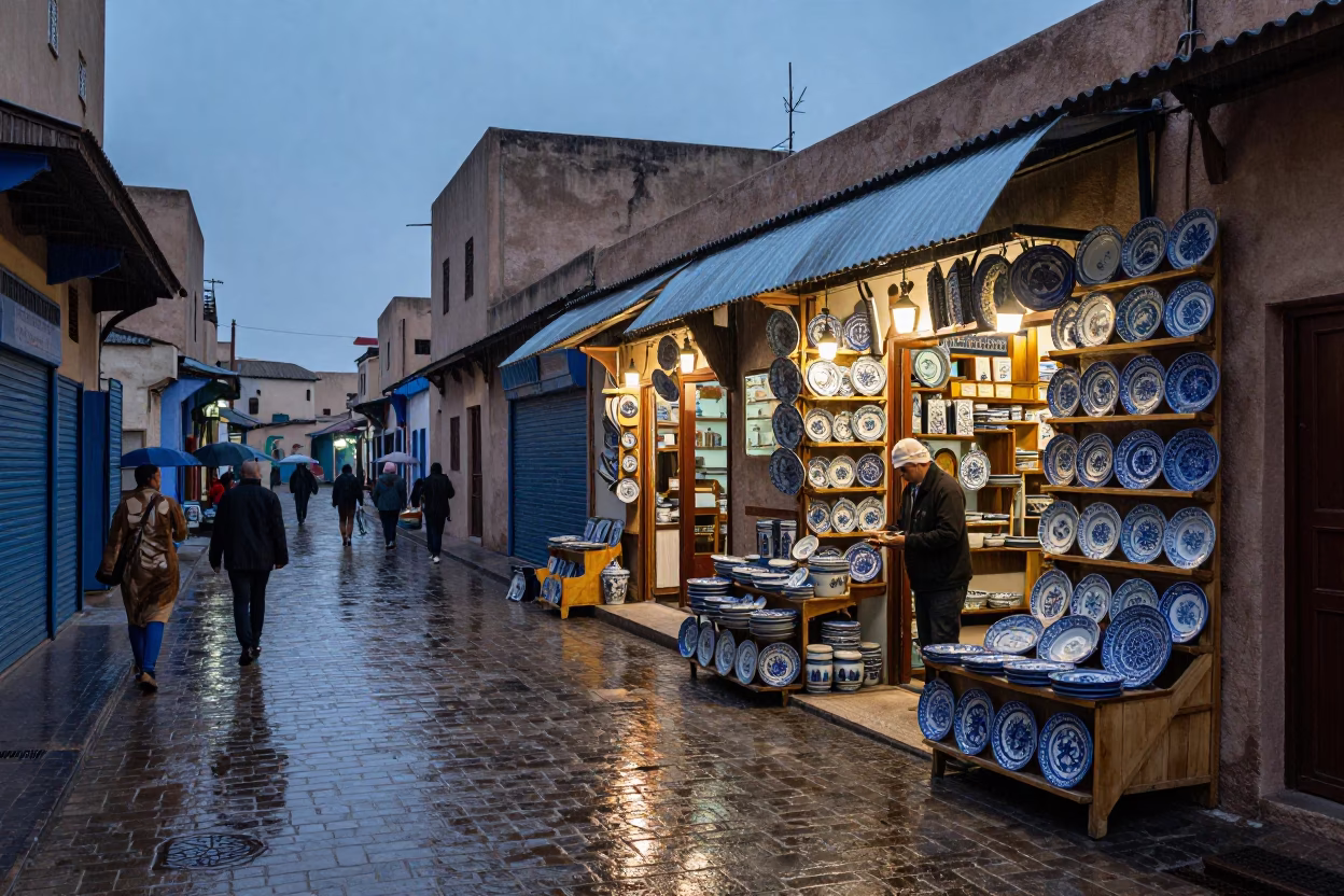 Fez Medina Street Dusk Rain Reflections with Ceramic Shop Display in in Fez, Morocco