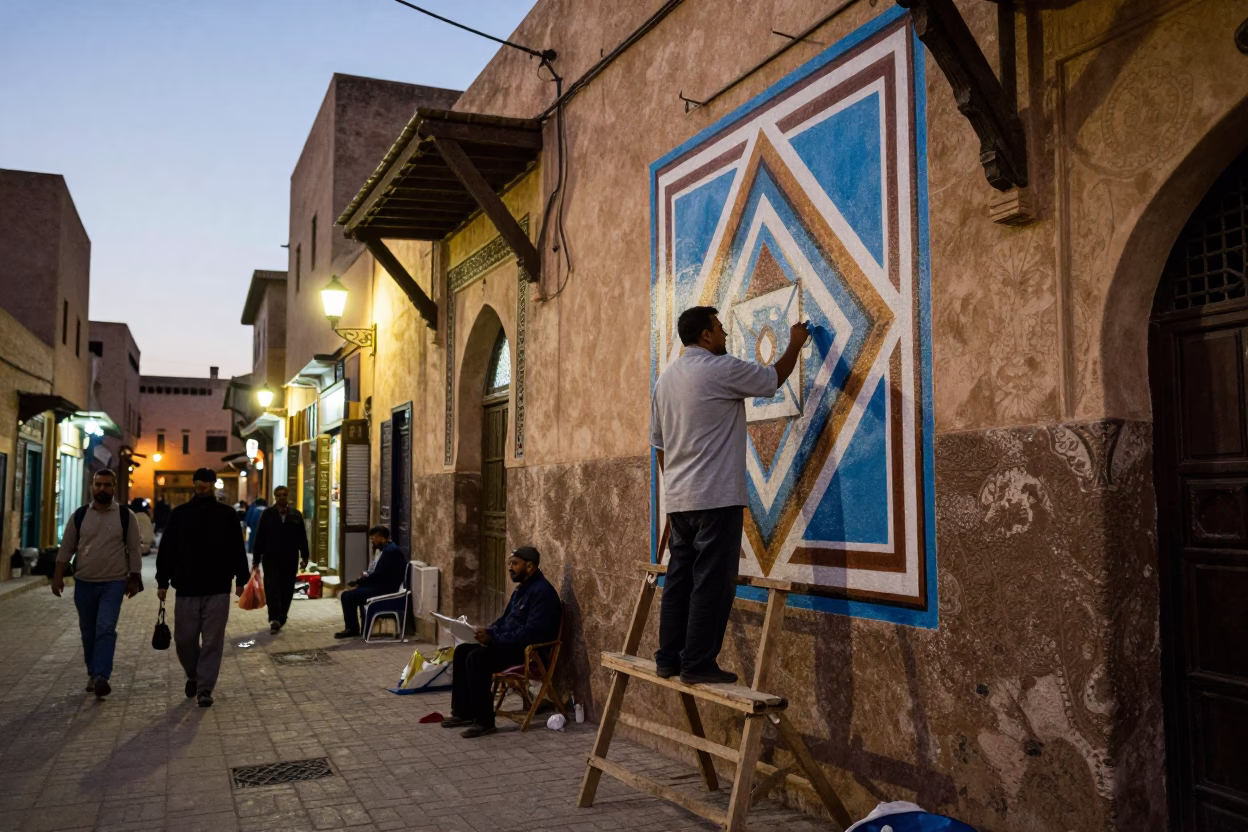 Fez Medina Street Scene at Dusk with Artisan Painting Mural and Canisters in in Fez, Morocco