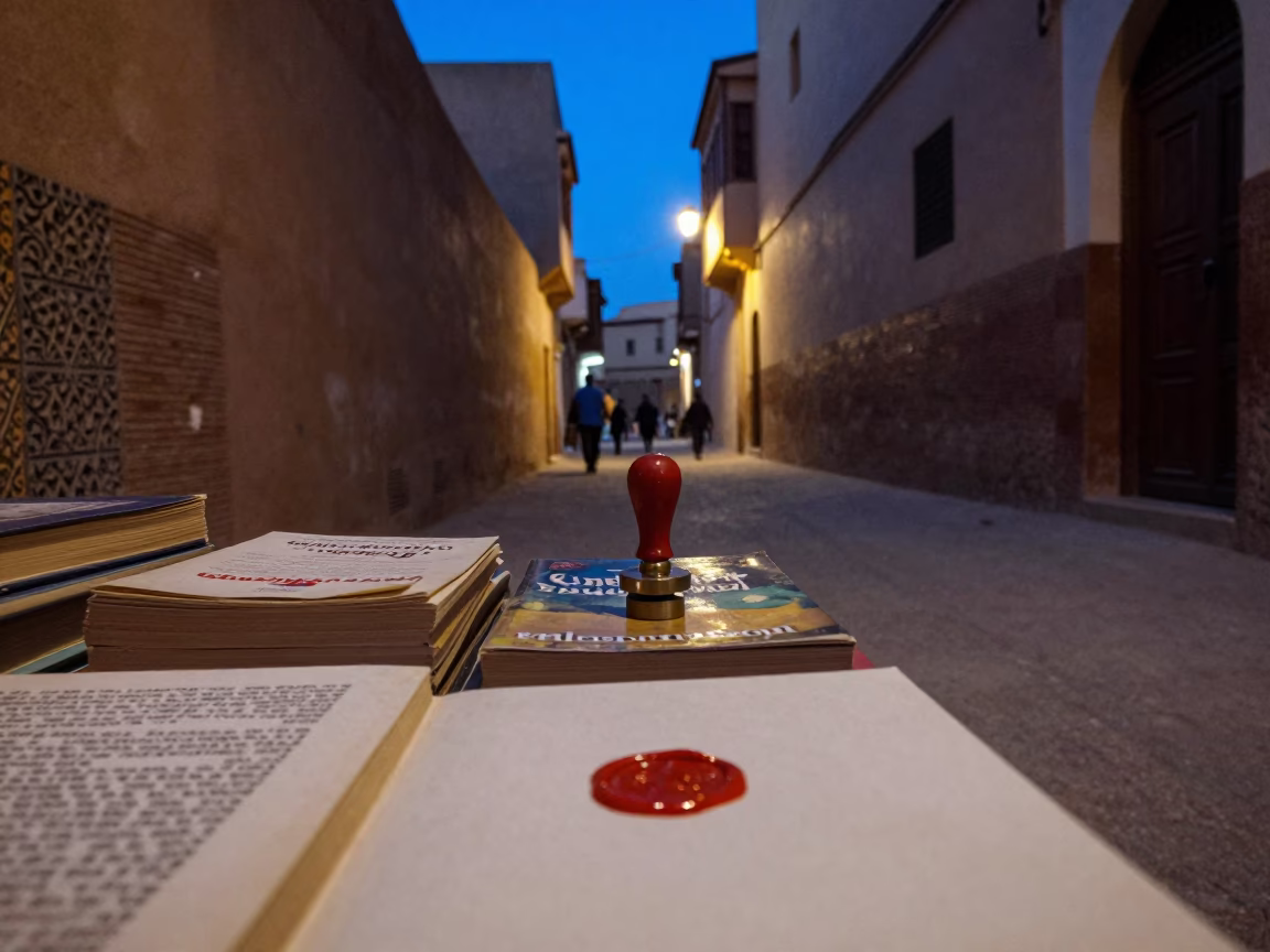 Fez Morocco blue hour street scene with books and wax seal stamp in in Fez, Morocco