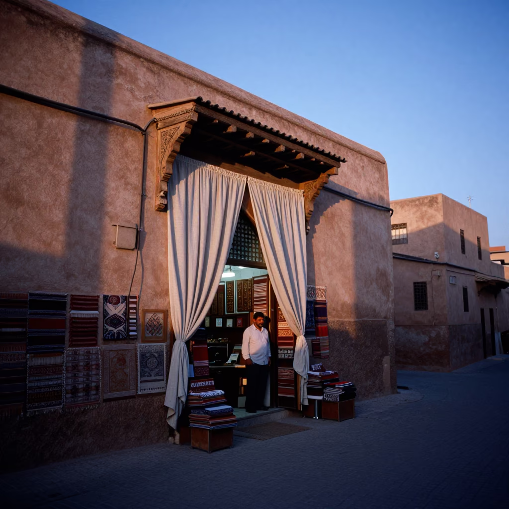 Fez Morocco Blue Hour Street Scene with Linen Curtains and Traditional Architecture in in Fez, Morocco