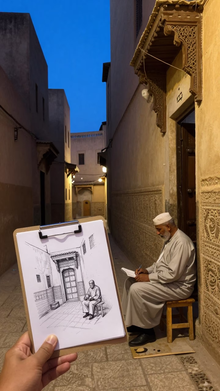 Fez Morocco Blue Hour Street Scene with Sketchbook and Clipboard in in Fez, Morocco