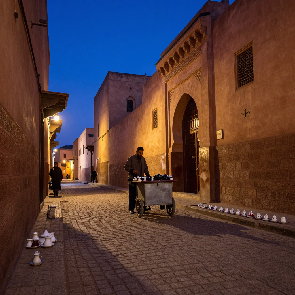Fez Morocco Blue Hour Street Scene with Tea Saucers and Vintage Camera in in Fez, Morocco