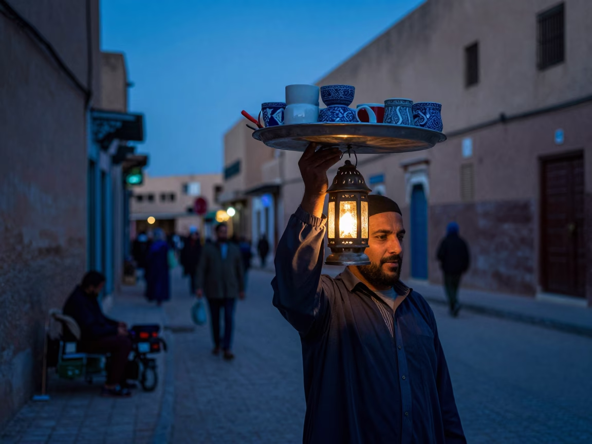Fez Morocco Blue Hour Street Scene with Teacups and Pruning Shears in in Fez, Morocco