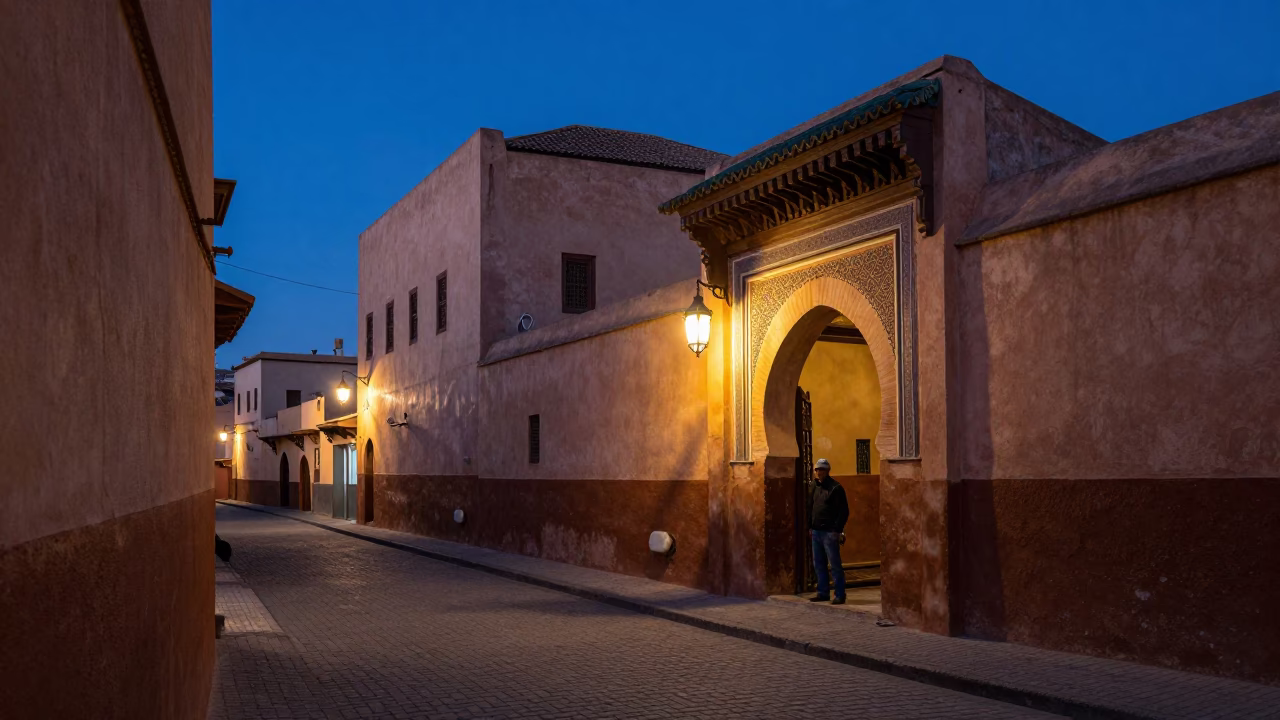 Fez Morocco Blue Hour Street Scene with Traditional Lantern and Architectural Details in in Fez, Morocco