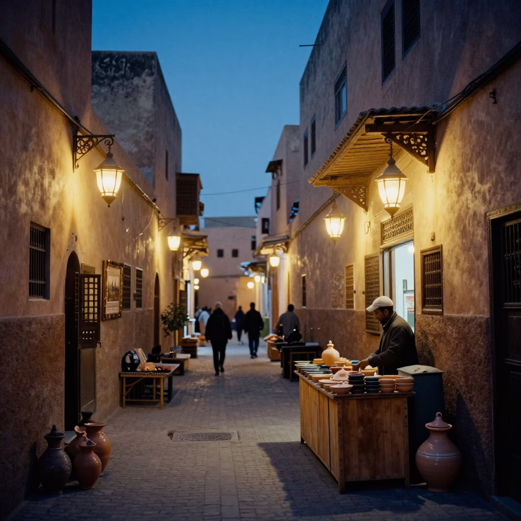 Fez Morocco Blue Hour Street Scene with Traditional Pottery and Evening Ambience in in Fez, Morocco