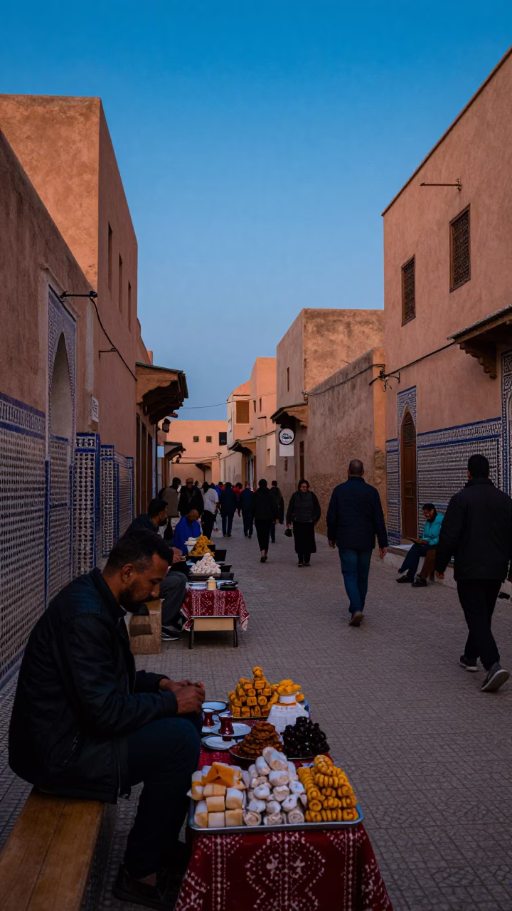 Fez Morocco Blue Hour Street Scene with Traditional Sweets and Tea in in Fez, Morocco