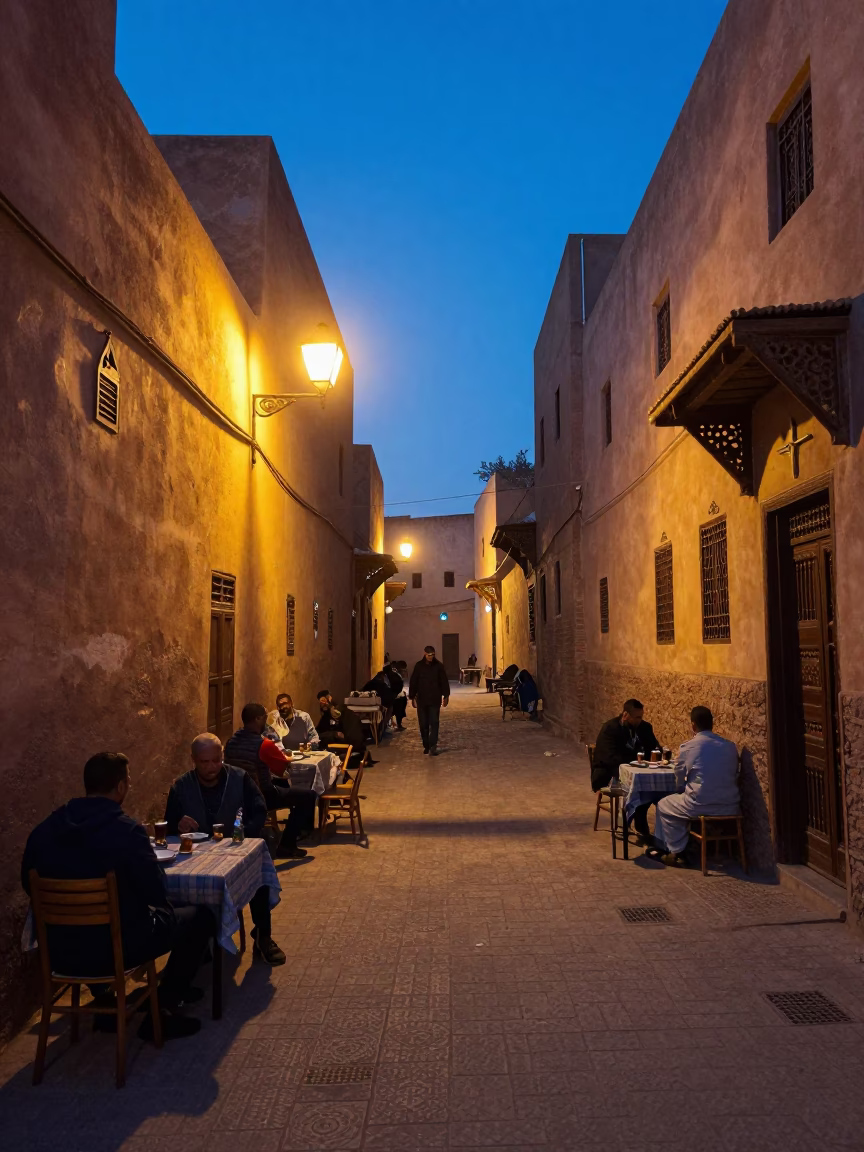 Fez Morocco Blue Hour Street Scene with Traditional Tea and Evening Light in in Fez, Morocco
