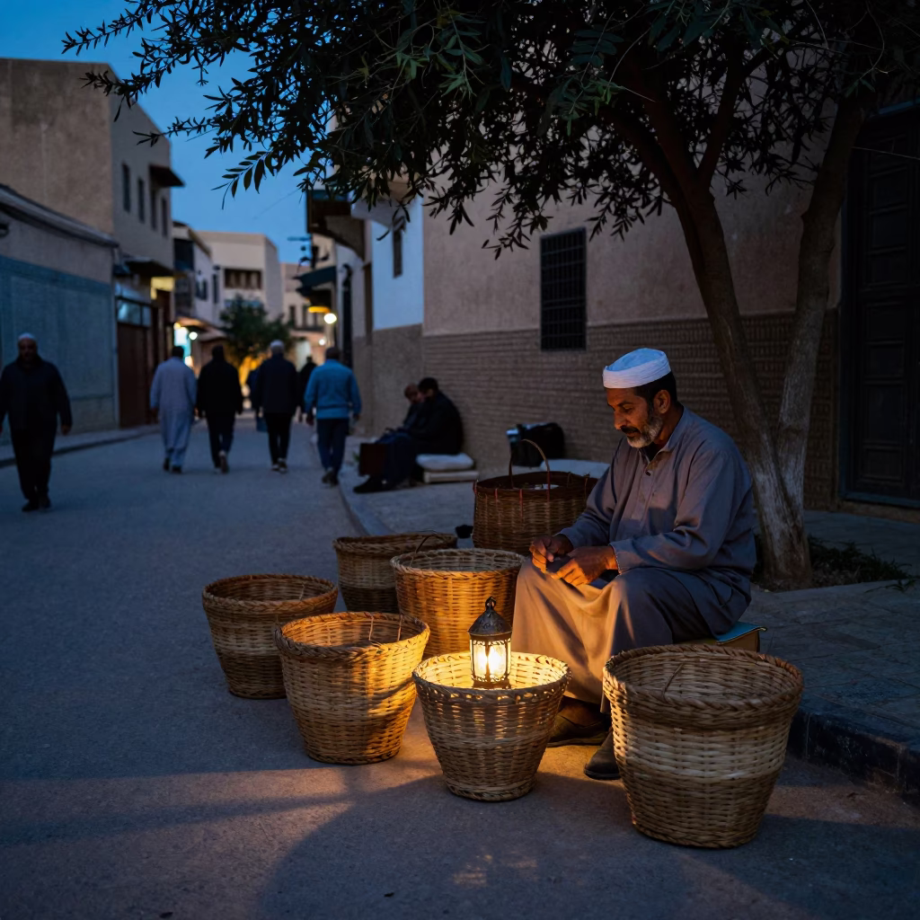 Fez Morocco Blue Hour Street Scene with Woven Basket and Dappled Light in in Fez, Morocco