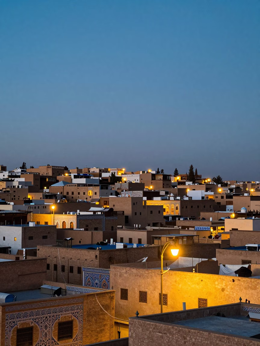 Fez Morocco Cityscape at Dusk with Traditional Tea Stains and Urban Life in in Fez, Morocco