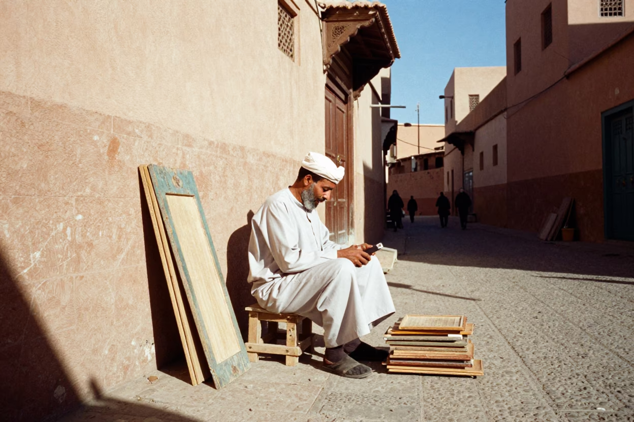 Fez Morocco Clear Afternoon Street Scene With Local Artisan in in Fez, Morocco
