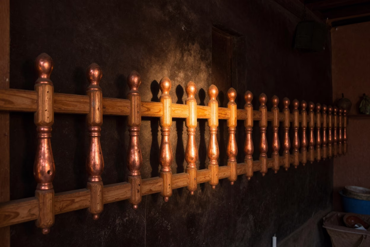 Fez Morocco Copper Dusk Light Wooden Peg Rail in Traditional Workshop in in Fez, Morocco
