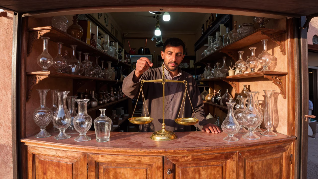 Fez Morocco Copper Dusk Shopkeeper Displaying Glass Vases and Apothecary Scale in in Fez, Morocco