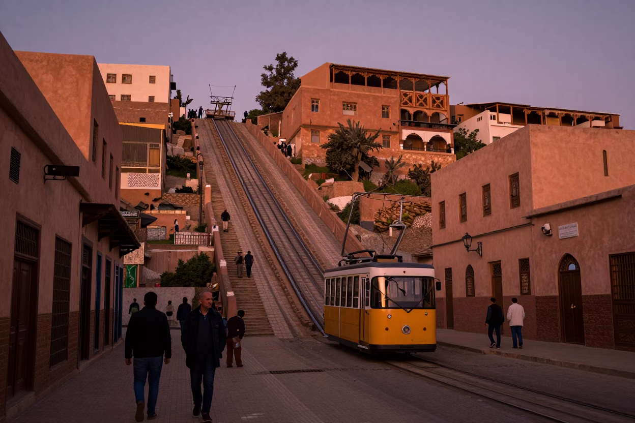 Fez Morocco Copper Dusk Street Scene with Funicular and Traditional Tea Service in in Fez, Morocco