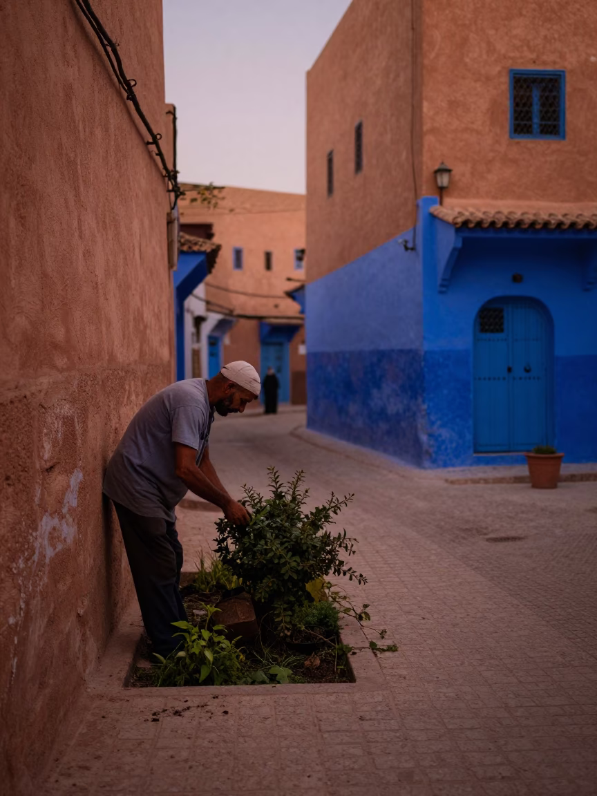 Fez Morocco Copper Dusk Street Scene with Gardener and Blue Porcelain Plate in in Fez, Morocco