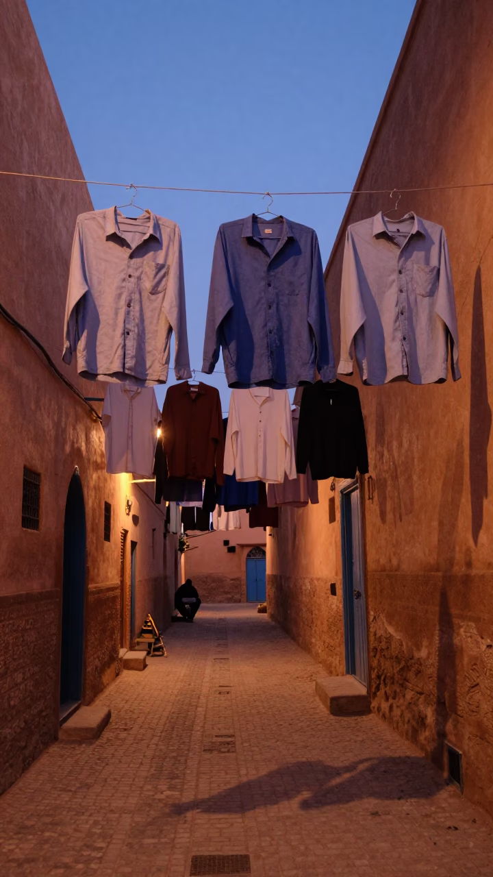 Fez Morocco copper dusk street scene with hanging shirts and traditional architecture in in Fez, Morocco