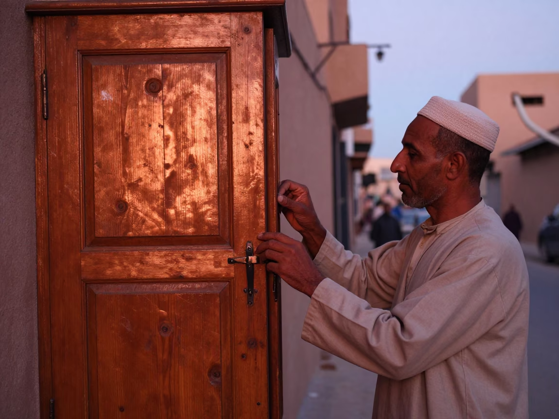 Fez Morocco Copper Dusk Street Scene with Linen Cabinet Details in in Fez, Morocco