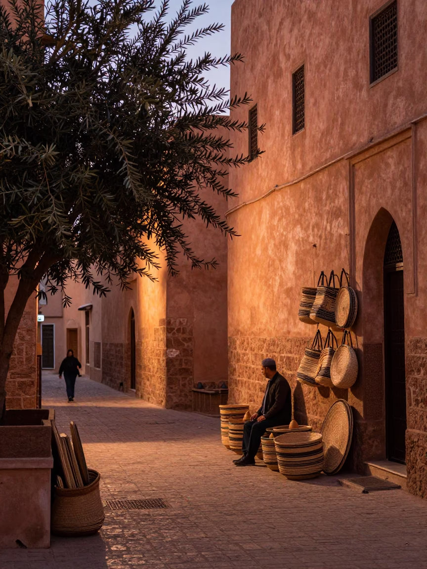 Fez Morocco Copper Dusk Street Scene with Olive Branch and Tin Box in in Fez, Morocco