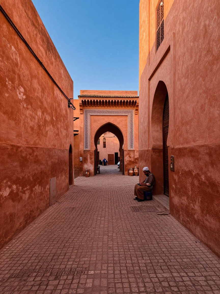 Fez Morocco Copper Dusk Street Scene with Tea Tin and Leaf Shadows in in Fez, Morocco